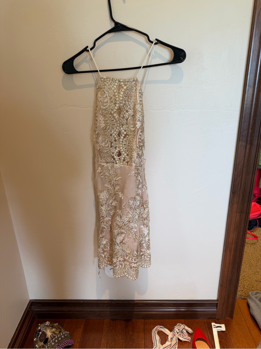 Amazon Beige Embellished Spaghetti-Strap Mini Dress